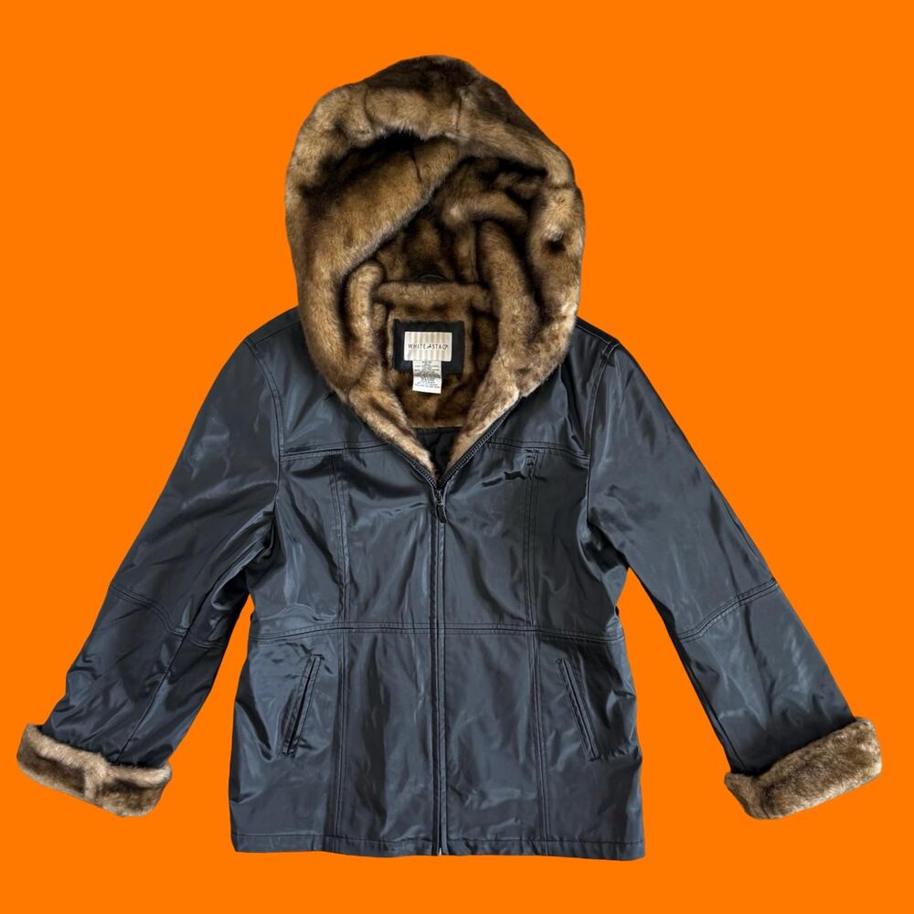 00's vintage swishy faux fur hooded jacket y2k coat MEDIUM white stag